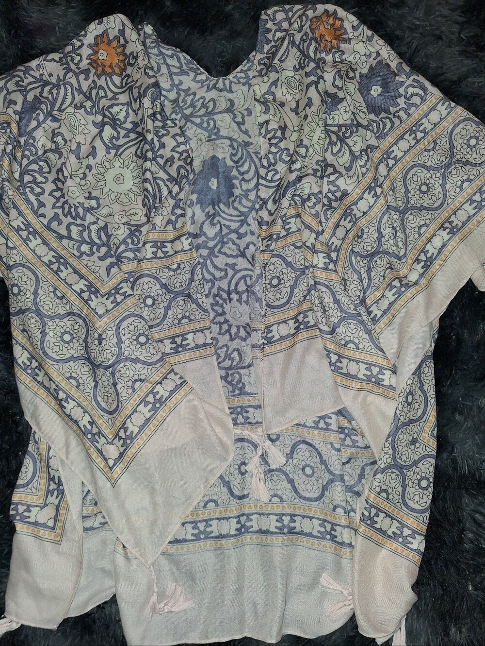 Lightweight Floral Paisley Kimono Tunic - Blue & Cream
